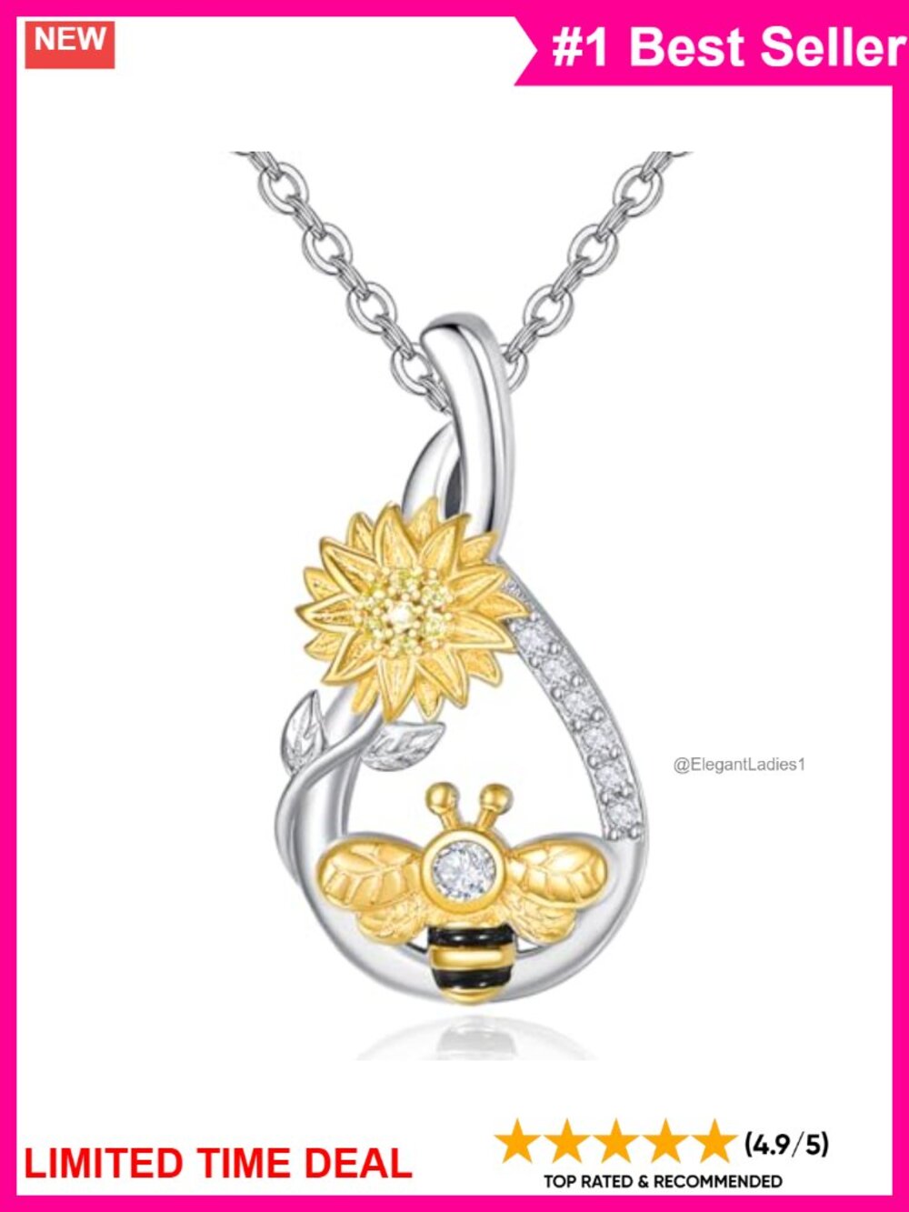 925 Sterling Silver Gold Plated Bee Sunflower Pendant Necklace 18"
